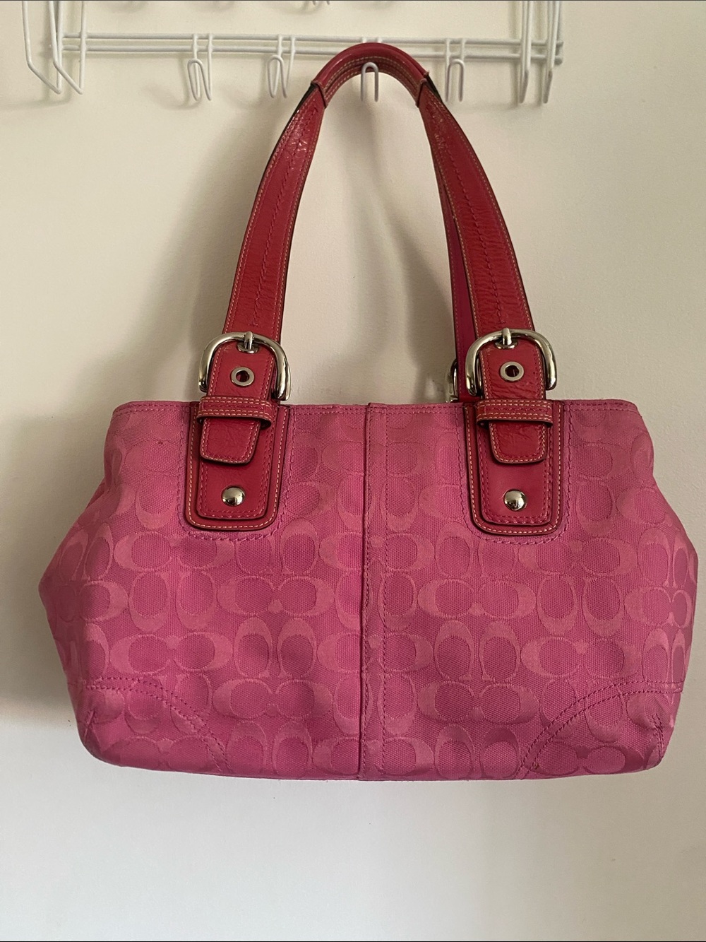 Coach Pink Signature Shoulder Bag with Red Handles